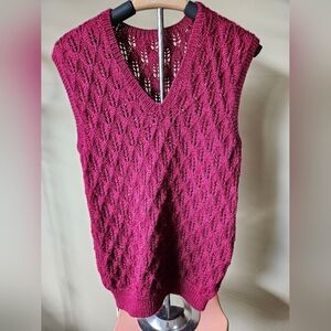 Handmade Cable Knit Sweater Vest Burgundy Red V-Neck Sleeveless